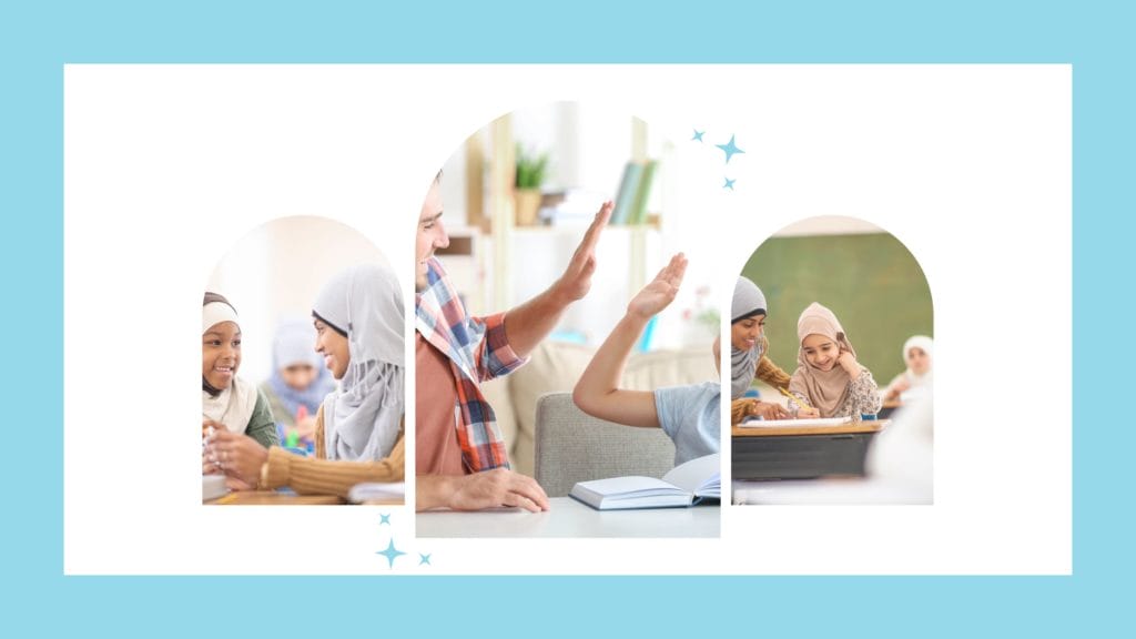 father high-fiving son, and 2 other pics of a woman smiling at kids