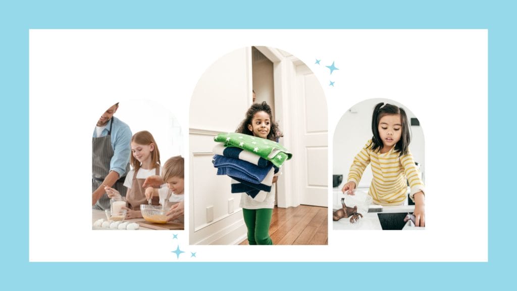 3 pics of kids doing chores