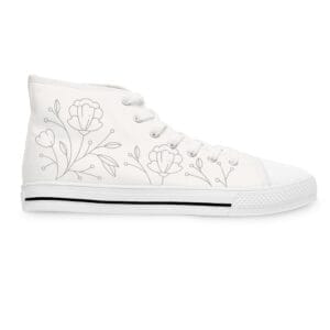 Floral high top sneakers, right shoe right side having pretty silvery gray design