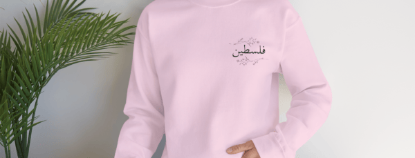 Palestine crewneck light pink worn by a woman