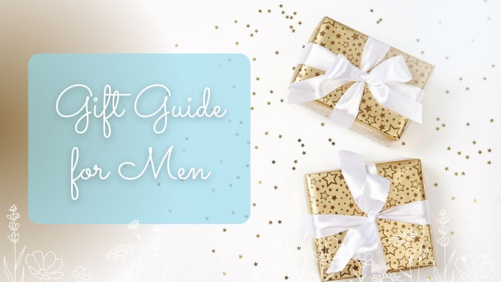 Gift guide for men title next to two wrapped gifts