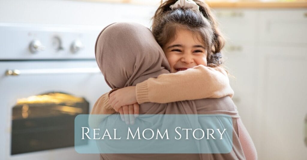 real mom story text on an image of a daughter hugging a mom