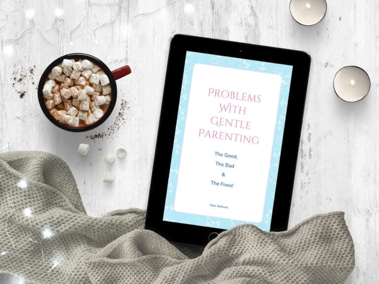problems with gentle parenting text on a tablet mockup with a cup of marshmallows on the side