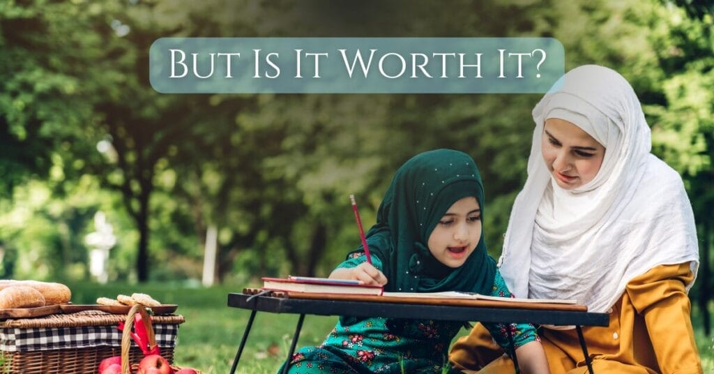 But is it worth it - text overlay on an image of mother and daughter in greenery